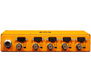 MGB-TECH 4-port PPS pulse and NMEA signal isolated splitter back view showing steel housing, D-SUB connectors, RS-232 and RS-485 channels